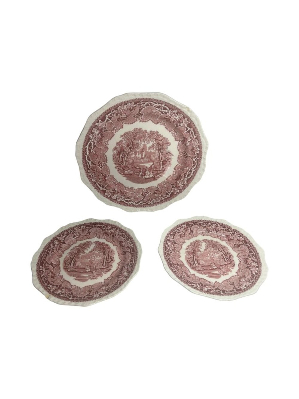 Johnson Brothers Old Britain Castles Pink/Red Transferware Plates Set Of 3 1950s